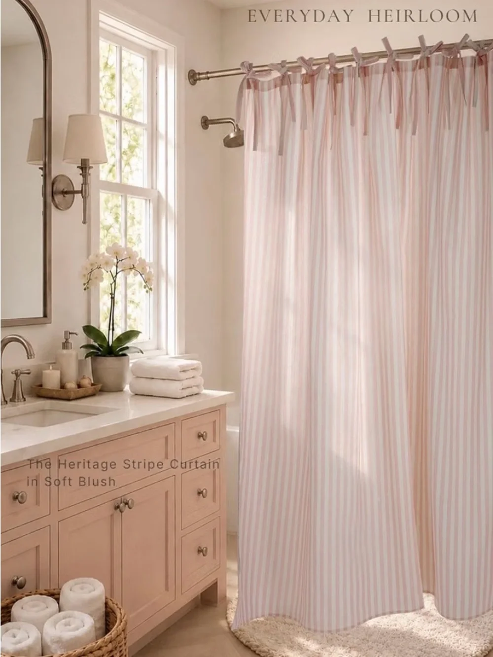 Pink Striped Tie-Top Shower Curtain - Soft Bath Fabric